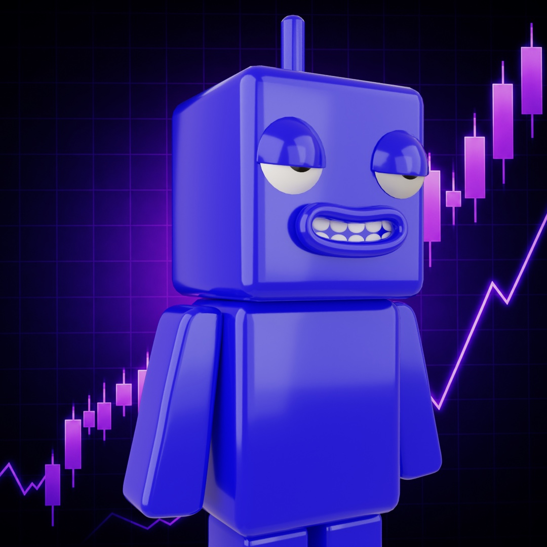 Blue Stock Wick with matching blue eyelids and lips against purple stock charts