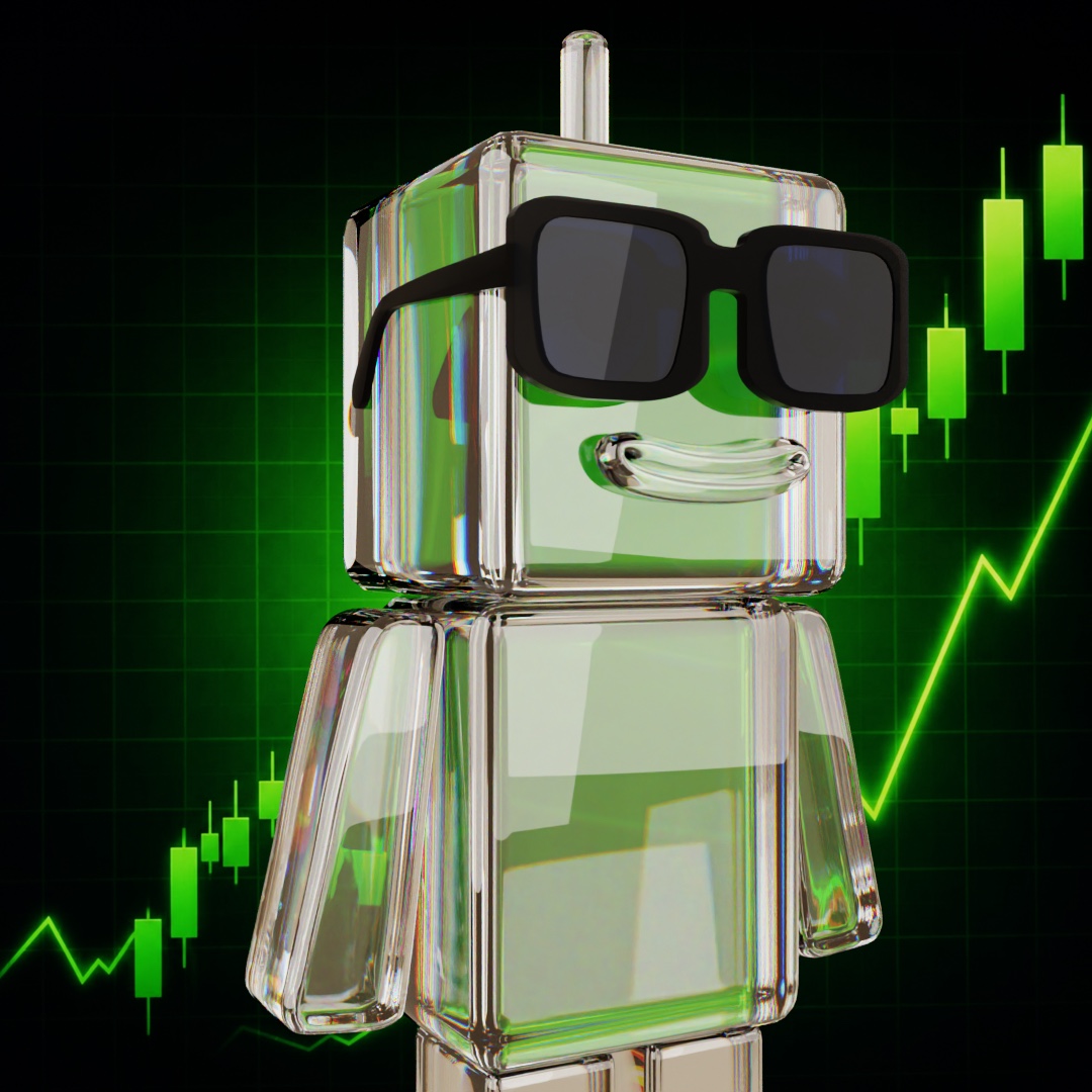 Clear glass-like Stock Wick wearing black sunglasses against green stock charts