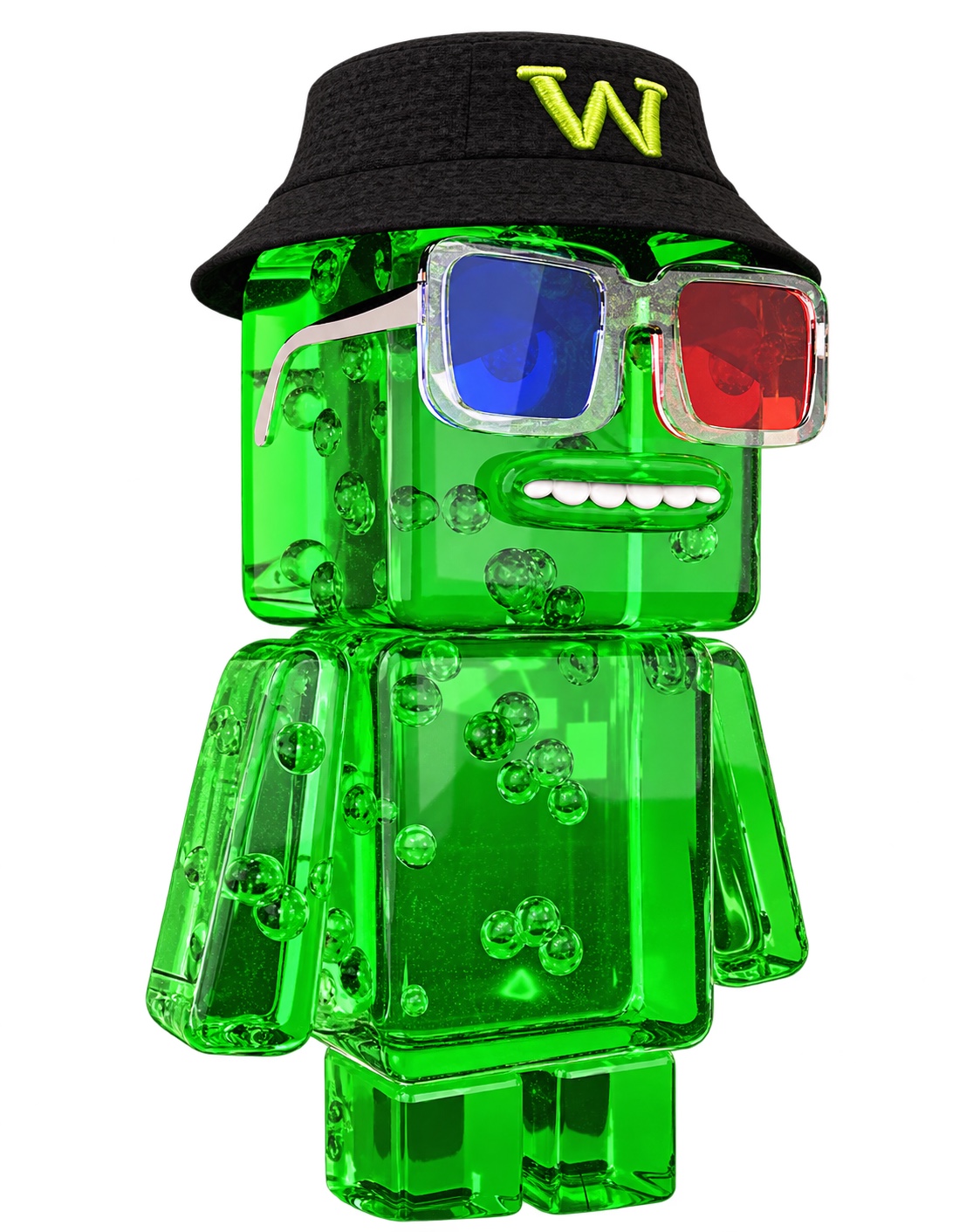 Green jelly Stock Wick with 3D glasses and a W bucket hat