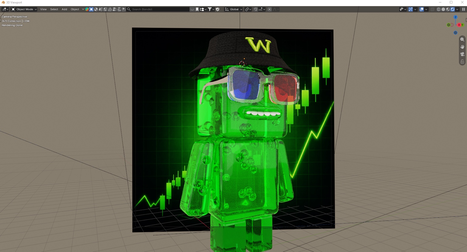 Work-in-progress Blender scene of a green jelly Wick with a black W bucket hat