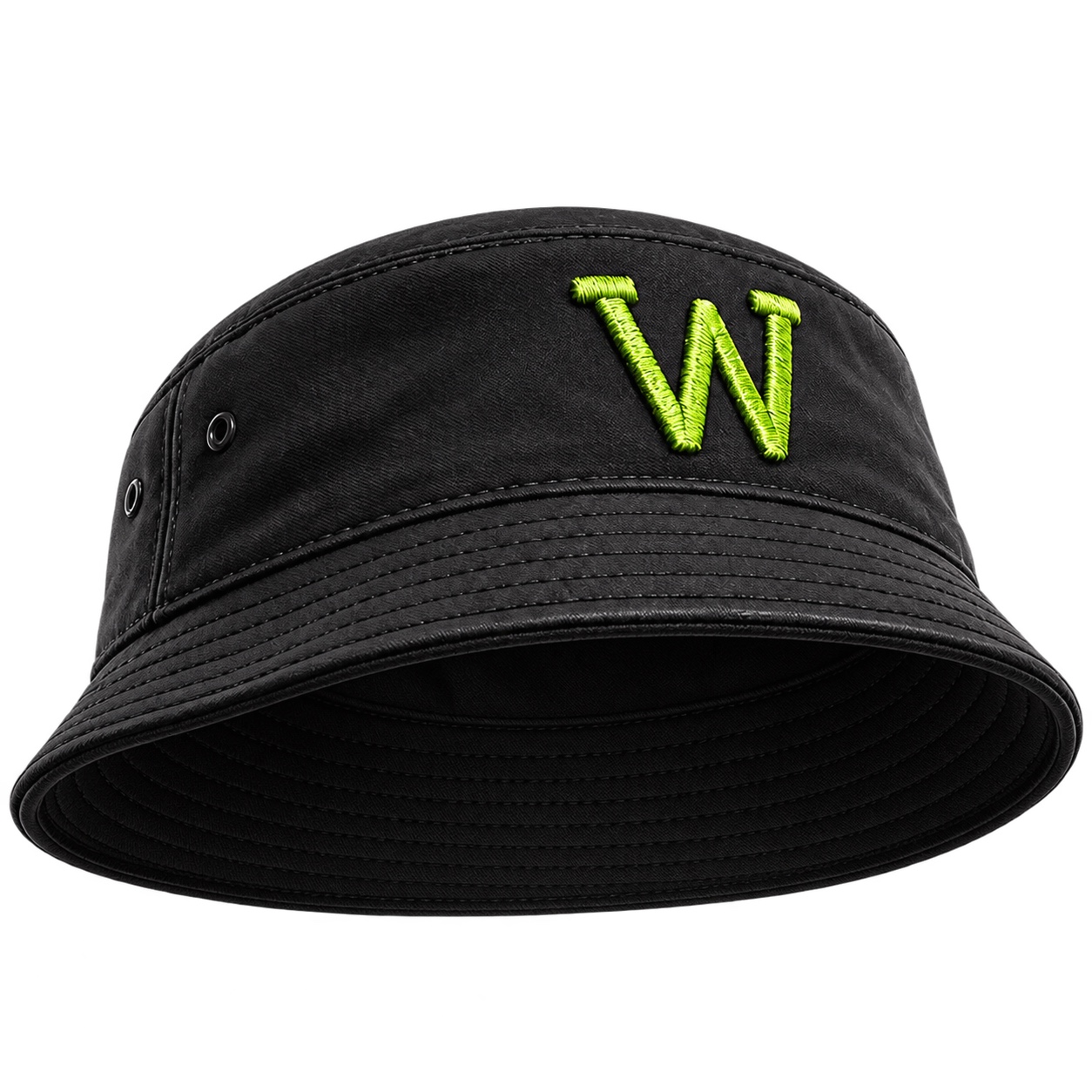 Black bucket hat trait with a lime-green embroidered W